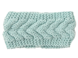 Macro shot of mint blue knit headband showing thick textured cable knit pattern details