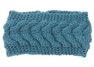 Detailed cable knit pattern on thick teal winter headband made of soft thermal yarn