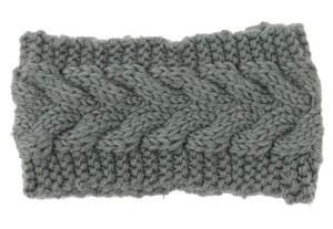 Detail of grey knitted winter headband showing thick cable knit texture and warm yarn fabric