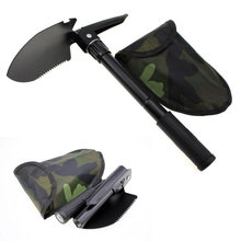 Multi-functional folding camping shovel in black metal with camo storage pouch