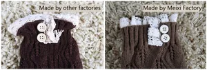 Close-up of knit boot cuffs with white lace trim and two decorative buttons