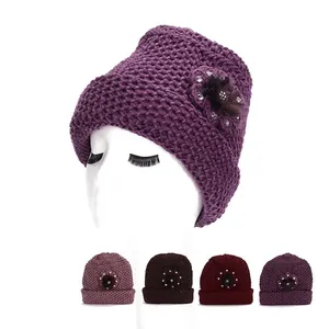 Bonnet Tricoté Hiver Femmes Doublé Polaire Chaud Fleur Strass Fausse Fourrure Décoration Pour Femmes Âgées