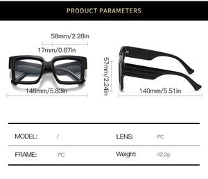 Detailed size specifications for square anti-blue light glasses with PC frame and dimensions