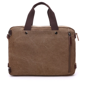 Brown canvas business briefcase with handles and zippers shown on white background