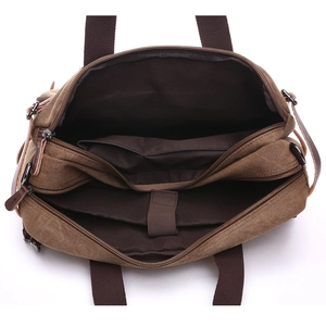 Brown canvas convertible 3-way briefcase with 17-inch laptop compartment and interior pockets