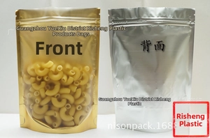 Detail of stand-up foil pouch with clear window and resealable zipper for food storage