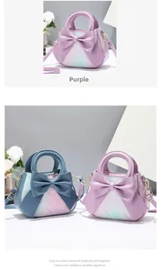Detailed macro view of gradient mini handbags with 3D bows and floral prints