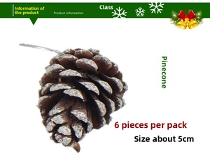 Detail of pine cones with white snow effect and silver strings, 6 pieces per pack