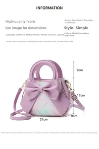 Size specifications of light purple floral handbag with bow and adjustable strap detail