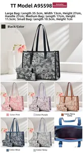 Three-piece printed handbag set details with tote, clutch, and card holder dimensions