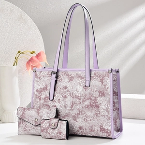 Three-piece elegant purple floral jacquard tote bag set with matching wallets and strap