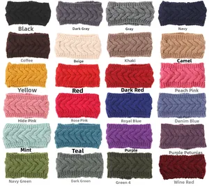 Detail view of knitted ear-warmers in 24 colors with classic cable-knit texture