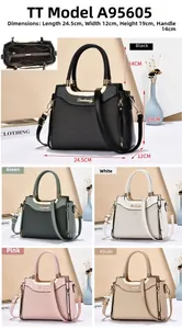 Detailed size chart and internal structure of the textured faux leather handbag