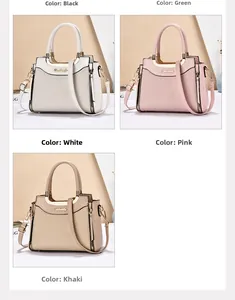 Detailed grid showing woven leather handbags in white, pink, and khaki with chain straps