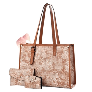 Brown 3-piece women's tote bag set with floral print leather and crossbody strap