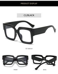Three perspectives of oversized black square blue light blocking glasses model C1