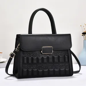 Women's PU Leather Handbag With Embossed Block Texture Flap Metal Buckle Crossbody Bag Detachable Strap Fashion Daily Tote