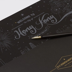 Detail of DIY scratch night art set showing Hong Kong city view and golden stylus pen
