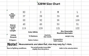 Detailed size chart for white cotton dress showing measurements from XS to L
