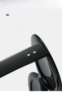 Détail de lunettes de soleil ovales noires avec accents métalliques dorés sur la branche