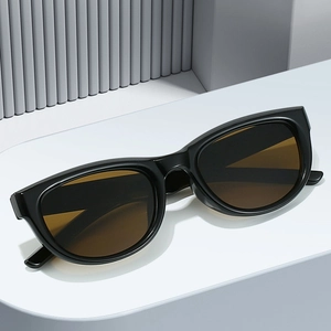 Lunettes de soleil œil-de-chat ovales avec monture noire épaisse et verres marron