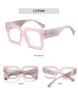 Detailed views of light pink square frame blue light glasses with marble texture temples