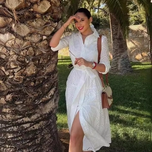 White Cotton Eyelet Hollow Out Embroidery Midi Shirt Dress Long Sleeve With Belt Elegant Vacation Style For Women