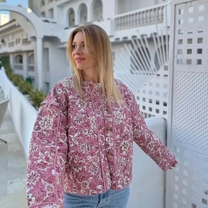 Veste Matelassée Femmes Imprimé Fleuri Cardigan Col Rond Manteau Rembourré Coton Style Pastoral Français Rétro Coupe Ample