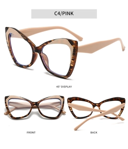 Drei Ansichten der rosa Schildpatt TR90 Cat-Eye-Brille mit Blaulichtfilter Brillengestell