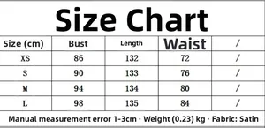 Size guide table for one shoulder gradient satin maxi dress showing measurements in cm