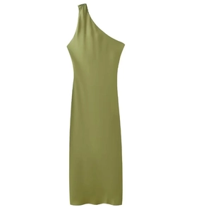 Detail of the olive green satin fabric and elegant one-shoulder neckline of the long dress