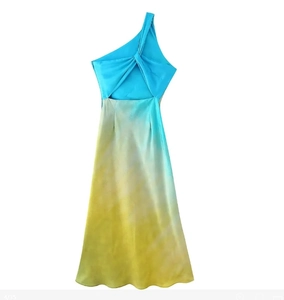 Detail of blue to yellow gradient satin dress featuring one-shoulder cut and twisted back