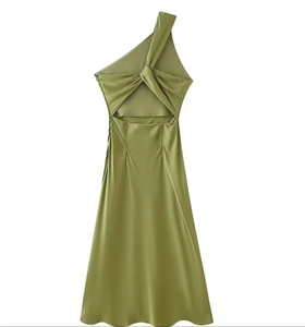 Detailed back view of an olive green satin dress with twist knot and cutout design