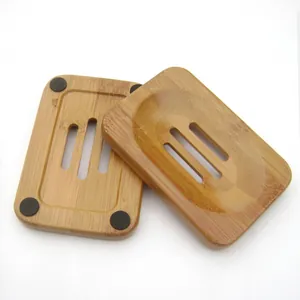 Bamboo soap dish set of 2 with drainage slots and anti-slip pads in natural wood color