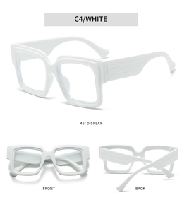 Detail view of large white square frame glasses showing front and 45-degree angles