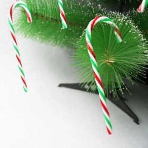 Close-up of red, white and green striped candy cane ornaments hanging on a Christmas tree