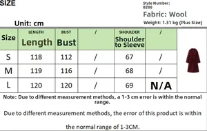 Size chart for Burgundy woolen coat B288 with length and bust measurements in cm