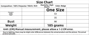 Detailed size chart for beige crochet sleeveless knit set showing polyester fabric specs