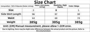 Size chart for beige crochet knit skirt set featuring S-L measurements and fabric details