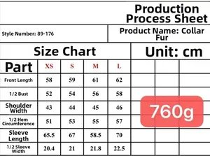 Size chart for faux fur biker jacket showing chest, shoulder, and sleeve measurements