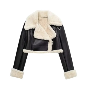 Women's faux leather biker jacket with white shearling trim and front zipper closure