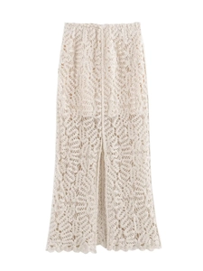 Detail of crochet knit midi skirt in beige featuring intricate hollow lace patterns