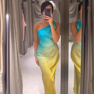 One-shoulder ombre dress in turquoise and yellow silk fabric with slim fit silhouette