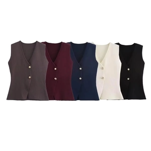 Women's V-neck knit vests in five colors with decorative gold buttons on white backdrop