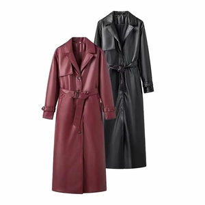 Women's Casual Long PU Faux Leather Trench Coat With Belt Notched Lapel Streetwear Single Breasted Autumn Winter Outerwear Jacket