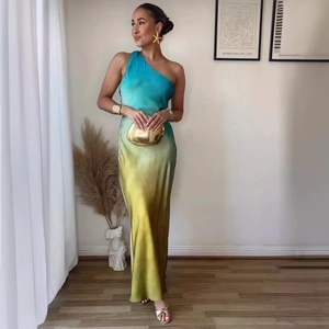 Peacock blue to olive green ombre satin one-shoulder maxi dress with a silky finish