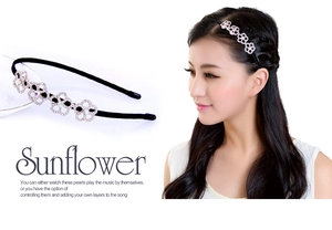 Detail view of four crystal-encrusted flowers on a slim black rhinestone headband