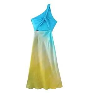 One-shoulder dress featuring blue twist front and vibrant yellow gradient satin skirt