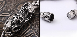 Macro detail of gothic skull bracelet showing magnetic clasp on 316L stainless steel