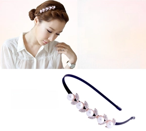 Detail of rose gold headband with pearl leaf and rhinestones shown on model and white background